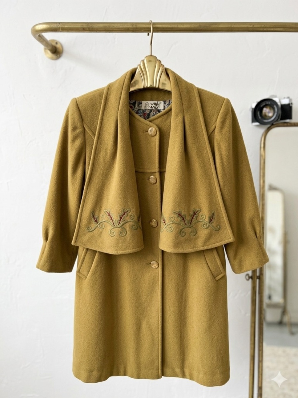 Vintage 60s Val & Max Italian Virgin Wool Cape Coat Moss Green Embroidered Mod M